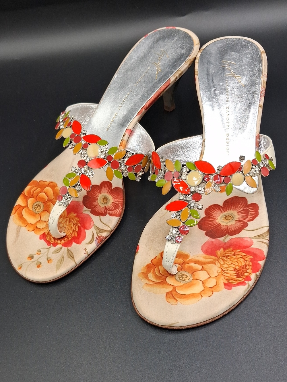 Gianvito Rossi Silver Floral Thong Heels with Orange, Red & Green Accents